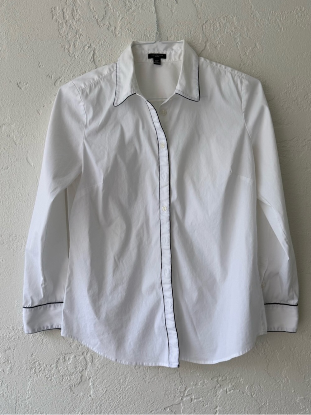Ann Taylor White Button-Down Shirt with Navy Piping